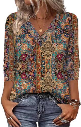Zeagoo Women's Tops Long Sleeve V Neck Tshirts Fall Outfits Boho Floral Blouses Business Casual Shirts