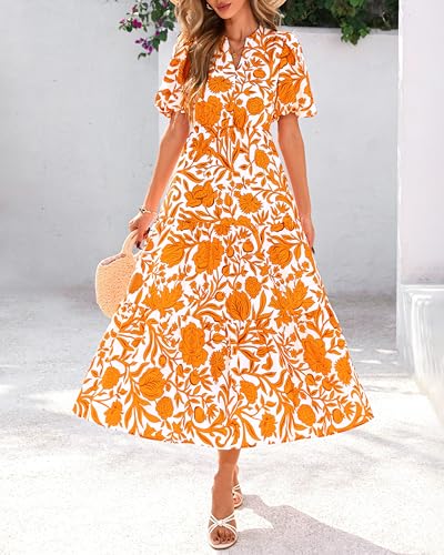 dowerme Womens Summer Dresses 2026 Casual Puff Short Sleeve V Neck Floral Boho Tiered Ruffle Maxi Dress with Pockets(White Orange Yellow,Large)