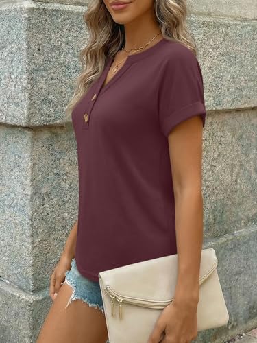 AUTOMET Womens Spring Tops 2026 Short Sleeve Shirts Henley Dressy Casual Blouses V Neck Fashion Tunics Trendy Flowy Clothing Burgundy XL
