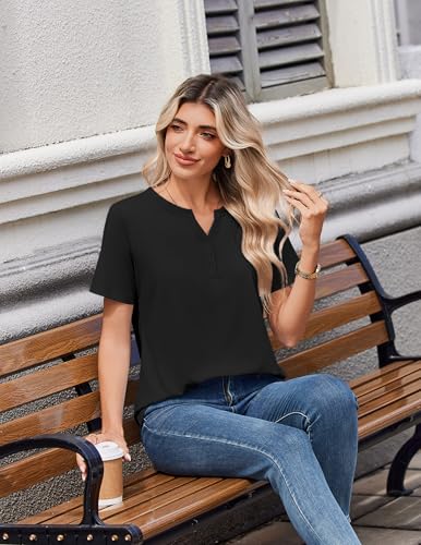 Zeagoo Shirts for Women 2026 Fashion Spring Tops Short Sleeve Henley Shirts Business Work Blouse Tee Clothes Black