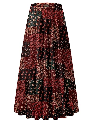 NASHALYLY Women's Chiffon Elastic High Waist Pleated A-Line Flared Maxi Skirts(Flower-215,L)