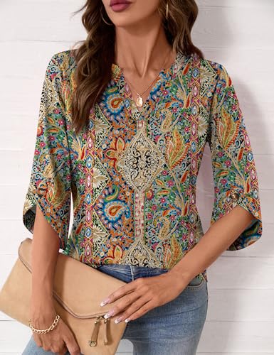 Kistore Boho Tops for Women Going Out 3/4 Sleeve Blouses Dressy Casual V Neck Spring Flowy Shirts Colorful Floral M
