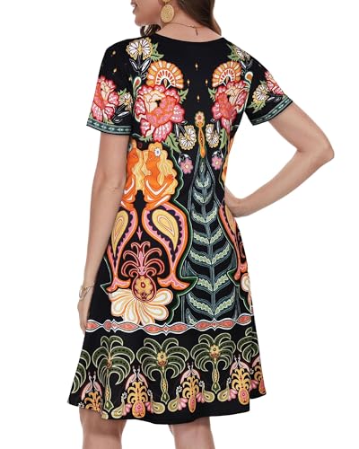 elescat Sun Dress Cotton Loose Fit Short Sleeve Sundress Women Fashion Swing Tunic Dress (Yellow Flower,L)