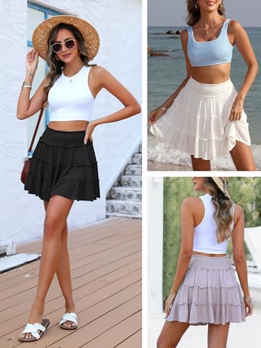 Caracilia Womens Summer Flowy Mini Skorts Skirts High Waist Ruffle Tiered Casual Cute Boho Beach Short Skirts Built-in Shorts Black Large