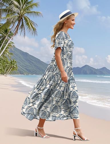 YESNO Women's Summer Maxi Dresses Casual Floral Short Sleeve V Neck Boho Beach Vacation Swing Dress with Pockets 2XL EVF CR425B