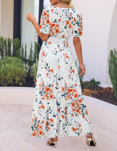ZESICA Women's 2026 Summer Spring Floral Boho Maxi Dresses Casual Short Sleeve V Neck A Line Flowy Beach Vacation Dress Ivory Medium