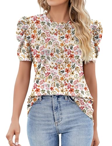 Ivicoer Womens Summer Tops 2025 Blouses for Women Dressy Casual Puff Short Sleeve T Shirt Bohemian Shirt Vacation M