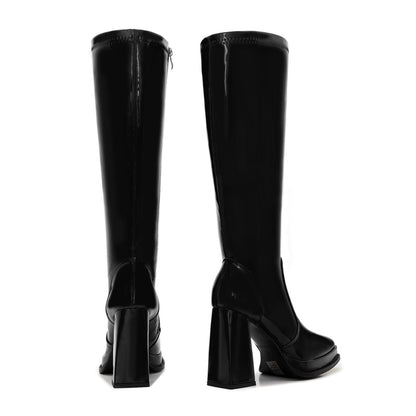 ZXHYZLZ Black Wide Calf 70s Gogo Boots for Women Plus Size – Tall Knee High Square Toe Chunky Heel Retro Boots Size 9W