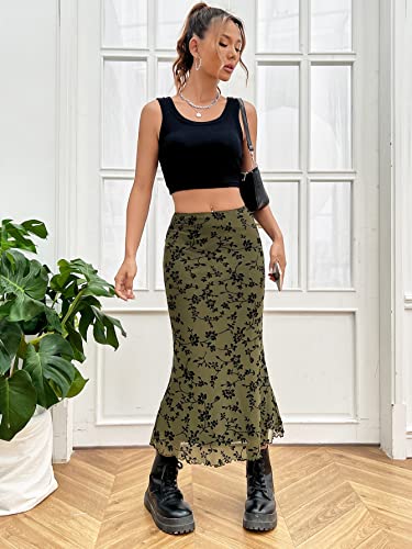 Verdusa Women's High Waisted Mesh Skirt Y2k Outfits Fishtail Bodycon Long Skirts Goth Clothes Army Green Floral Medium