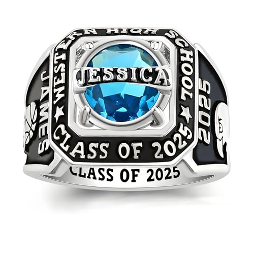 QHQPQ Class Rings for Men High School 925 Sterling Silver Graduation Name Ring Customizable Personalized University College Custom Ring Class of 2025 Graduation Gifts Sizes 5-15