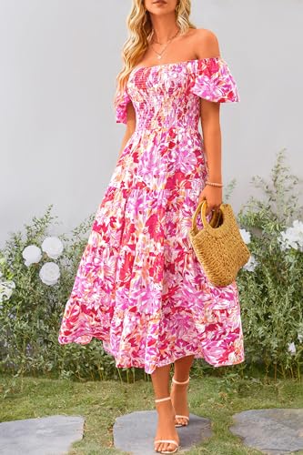 PRETTYGARDEN Women's Casual Summer Midi Dress Puffy Short Sleeve Square Neck Smocked Tiered Ruffle Dresses (Floral Rose Red,Large)