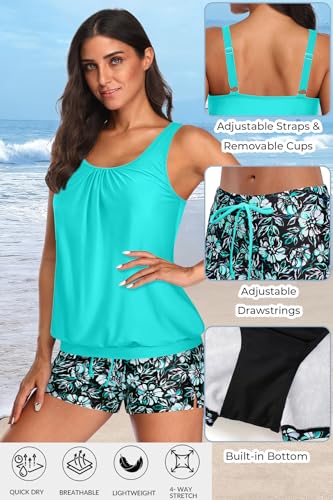Aqua Eve Two Piece Women's Tankini Swimsuits Blouson Swim Tank Top with Shorts Modest Bathing Suits Blue Green Flower XL