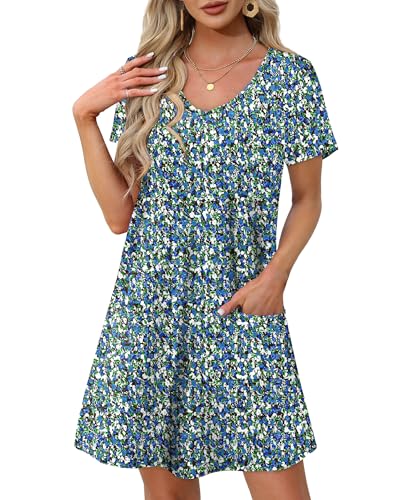 OFEEFAN Summer Dresses for Women 2026 Beach Fashion Vestidos De Verano para Mujer Women's Casual Dresses Loose V Neck Short Sleeve T Shirts Dress Sundresses with Pockets Floral 07 XL