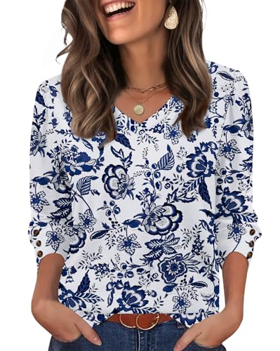 XIEERDUO Plus Size Womens Clothing Summer Tops 2026 Beach Fashion Vacation Clothes 3/4 Length Sleeve Womens Tops Fall Fashion Outfits Blouses Shirts F-White Tribal Blue Floral XXL