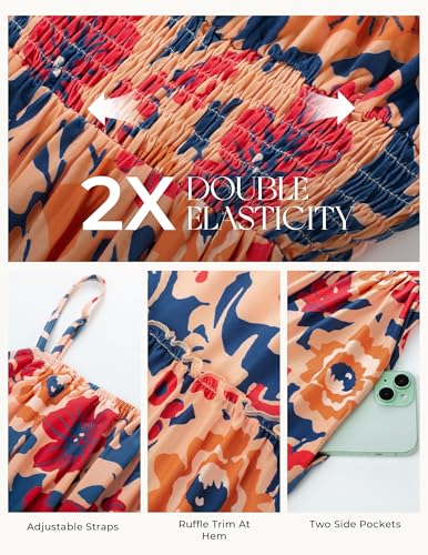 GRACE KARIN Summer Dresses for Women 2026 Vacation,Smocked Floral Maxi Dresses,Boho Beach Long Sundress Navy Brown XL