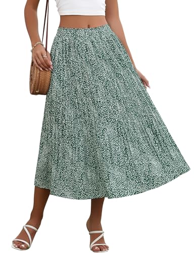 Zeagoo Womens Summer Elastic High Waist Midi Skirt Polka Dot Casual A Line Flowy Skirt with Pockets Green L