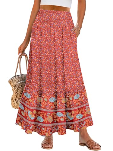 ANRABESS Maxi Skirts for Women 2026 Summer Boho Long Flowy Floral Elastic High Waist Skirt Casual Travel Skirt with Pockets Red Blue Floral Medium