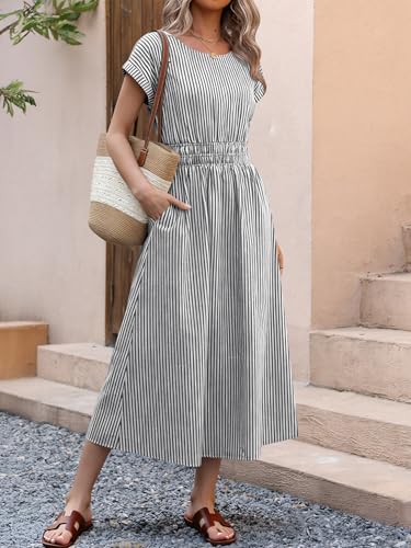 ANRABESS Womens Summer Midi Dress Striped Casual Short Sleeve Crewneck Empire Waist 2026 Flowy Long Beach Dress with Pockets Black White Stripe Medium