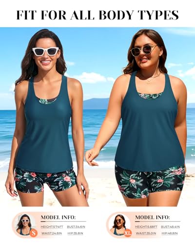 Holipick Green and Flower 3 Piece Tankini Swimsuits for Women Tummy Control Bathing Suits Swim Tank Top with Bra Boy Shorts Teen Swimwear L