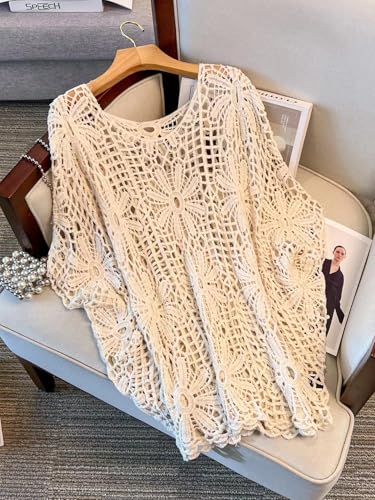 MakeMeChic Women's Plus Size Boho Tops Crochet Sweater Dolman Sleeve Beach Cover Up Plus Beige 3XL