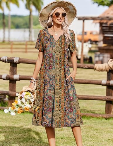 Zeagoo Women Summer Dress with Pocket Casual Short Sleeve Floral Midi A-Line Flowy Beach Vacation 2026 Tropical Boho Loose Henley V Neck