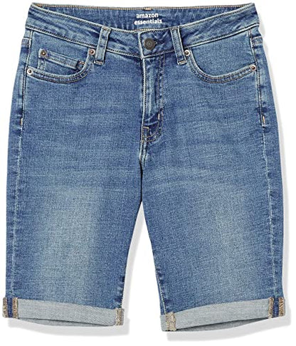 Amazon Essentials Women's Mid-Rise Stretchy Slim Fit Denim Bermuda Shorts with Pockets, Medium Wash, 14