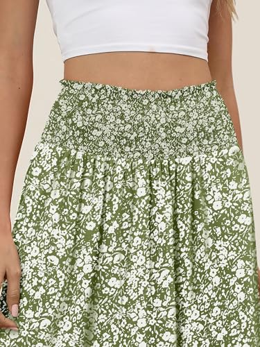 ANRABESS Women's Maxi Skirts Summer Boho Floral High Waisted Flowy Swing Pleated Beach Long Skirt with Pockets Green Large