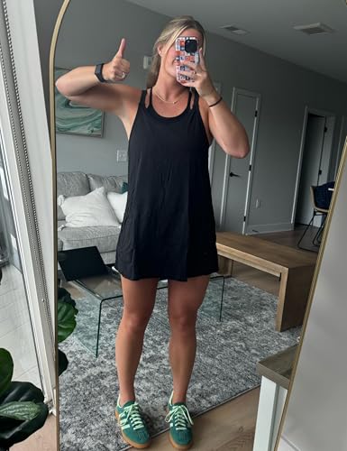 Zhiyouni Women's Summer Sleeveless Mini Dress V Neck Spaghetti Straps Athletic Built-in Shorts Sundress(Black-XS)