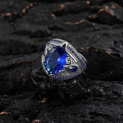 PYTALI Sapphire Ring for Men S925 Sterling Silver Vintage Pattern Oval Blue Sapphire 13 * 17mm Handmade for Men’s Ring Luxury Jewelry Gift Wedding Engagement Band (Non-Personalized, 10)