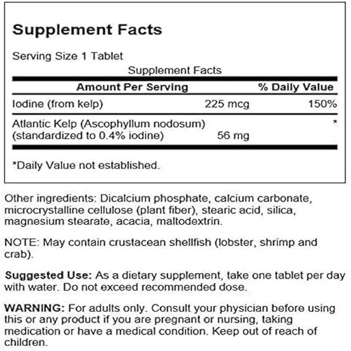 Swanson Premium Brand Kelp - Natural Iodine Source Supporting Thyroid Health - Mineral Supplement w/Iodine Source Standardized 0.4% - (250 Tablets, 225mcg Each)