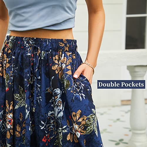Abaadlw Maxi Skirts for Women with Pockets Long Midi Length Casual Skirt for Beach Party Holiday (A31 Blue Floral L)