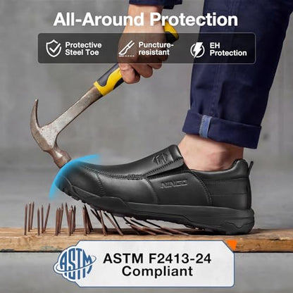 NINGO Slip On Steel Toe Shoes for Men, Lightweight Comfortable Safety Shoes for Men, Water & Slip Resistant Loafers with Puncture Proof, EH Protection for Warehouse, Factory & Outdoor Black