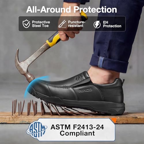 NINGO Slip On Steel Toe Shoes for Men, Lightweight Comfortable Safety Shoes for Men, Water & Slip Resistant Loafers with Puncture Proof, EH Protection for Warehouse, Factory & Outdoor Black