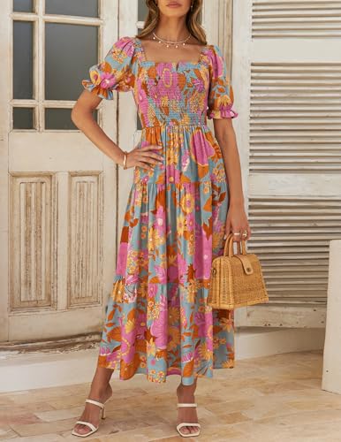 ZESICA Women's 2025 Summer Boho Floral Print Square Neck Ruffle Swing Beach Long Maxi Dress,GreyGreen,Large