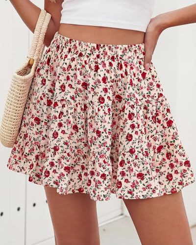BTFBM Summer Skirts for Women 2026 Floral High Waist Shorts Underneath Boho Tiered Flowy Tennis Skorts Casual Mini Skirt(Floral Apricot Red, Small)