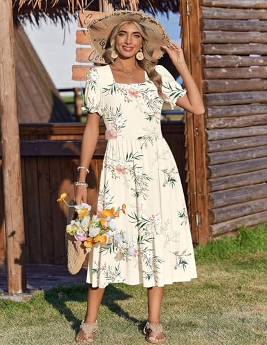 Zeagoo Casual Dress Summer Aline Dresses Short Sleeve Midi Sundresses Womens T-Shirt Dresses Square Neck Floral Vacation Dress with Pockets L