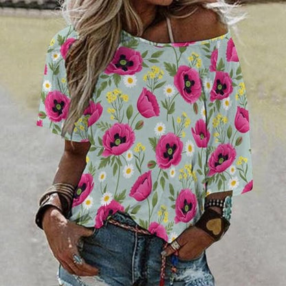 Off Shoulder Mid Sleeve Tee Relaxed Fit Soft Women's Top Streetwear Fashion Spring Poppy Daisy Blue Floral Pattern 5XL