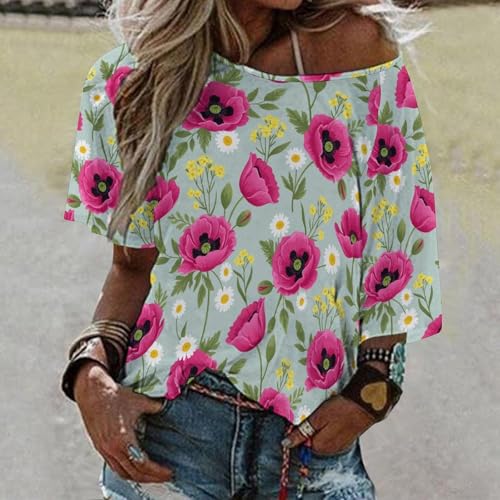 Off Shoulder Mid Sleeve Tee Relaxed Fit Soft Women's Top Streetwear Fashion Spring Poppy Daisy Blue Floral Pattern 5XL
