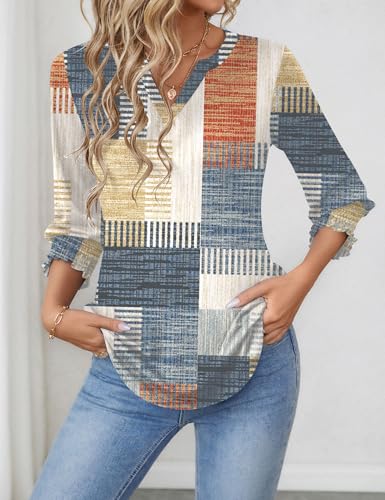 LOMON Blouses for Women Dressy Casual 3/4 Sleeve Tops for Women V Neck T Shirt Ladies Tops and Blouses Orange Blue Print L