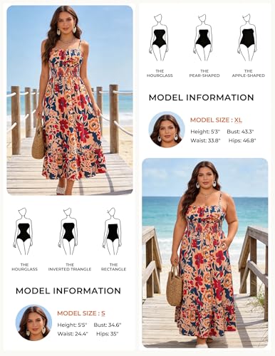 GRACE KARIN Summer Dresses for Women 2026 Vacation,Smocked Floral Maxi Dresses,Boho Beach Long Sundress Navy Brown XL