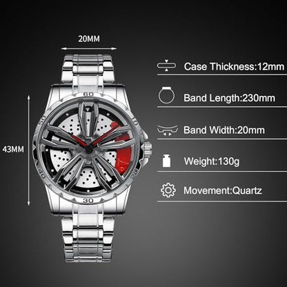 RORIOS Car Hub Design Watch Men’s Analogue Quartz Watches 3ATM Waterproof Wrist Watch Fashion Cool Watch for Men with Stainless Steel Strap
