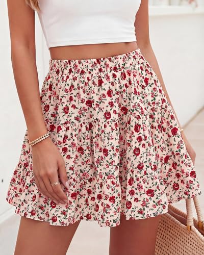 BTFBM Summer Skirts for Women 2026 Floral High Waist Shorts Underneath Boho Tiered Flowy Tennis Skorts Casual Mini Skirt(Floral Apricot Red, Small)