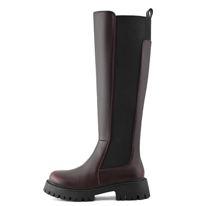 PODAIK Women’s Knee High Boots Platform Stretch Lug Sole Riding Boots Round Toe Elastic Comfortable Fashion Dress Boots with Side Zipper(10,burgundy)