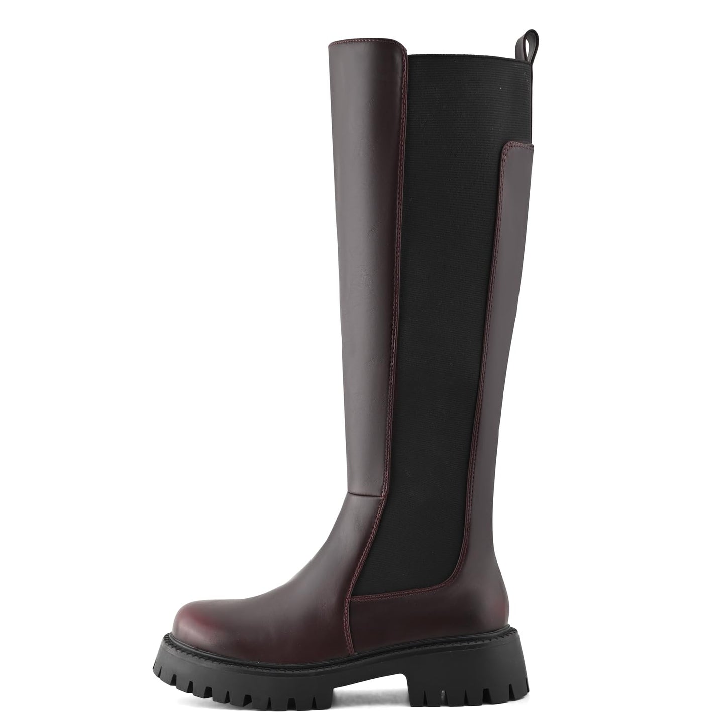 PODAIK Women’s Knee High Boots Platform Stretch Lug Sole Riding Boots Round Toe Elastic Comfortable Fashion Dress Boots with Side Zipper(10,burgundy)