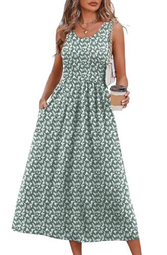 WIHOLL Casual Dresses for Women Sleeveless Scoop Neck Flowy Spring Midi Dresses for Women Sun Dress Beach Vacation Maxi Summer Dress Sundresses for Women 2026 Green Floral M