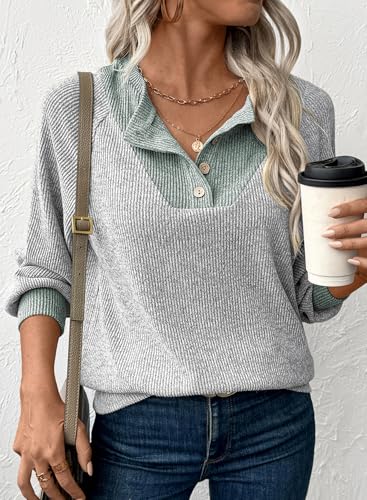 EVALESS Womens Spring Fashion 2026 Long Sleeve Shirts Patchwork Button Up V Neck Plus Size Sweatshirt Casual Trendy Pullover Teacher Outfits Tops Light Grey XX-Large