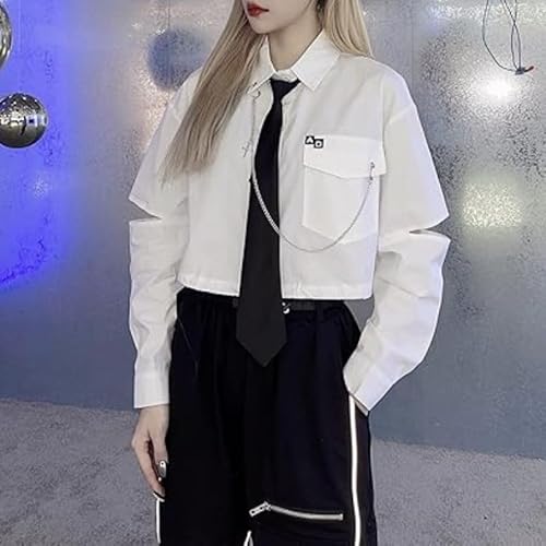 Women's Alt Emo Gothic Blouse Button Down Shirt Aesthetic Japanese Harajuku Streetwear Techwear Preppy Clothes (White,Small)