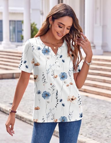 Zeagoo Dressy Tops for Women Short Sleeve Summer Outfits Loose Fit V Neck T Shirts Fall Dressy Blouses Floral White