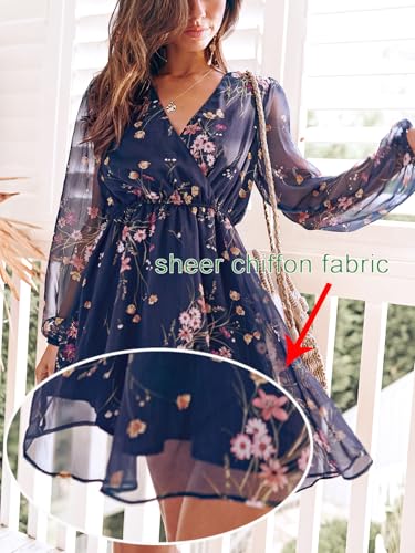 CUPSHE Women's Floral Print Sheer Chiffon A-Line Mini Dress Long Peasant Sleeves Elastic Autumn Dress,L