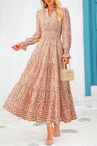PRETTYGARDEN Women's Floral Maxi Dress 2025 Fall Long Sleeve V Neck Casual A Line Long Flowy Boho Party Dresses (Floral Orange,Medium)